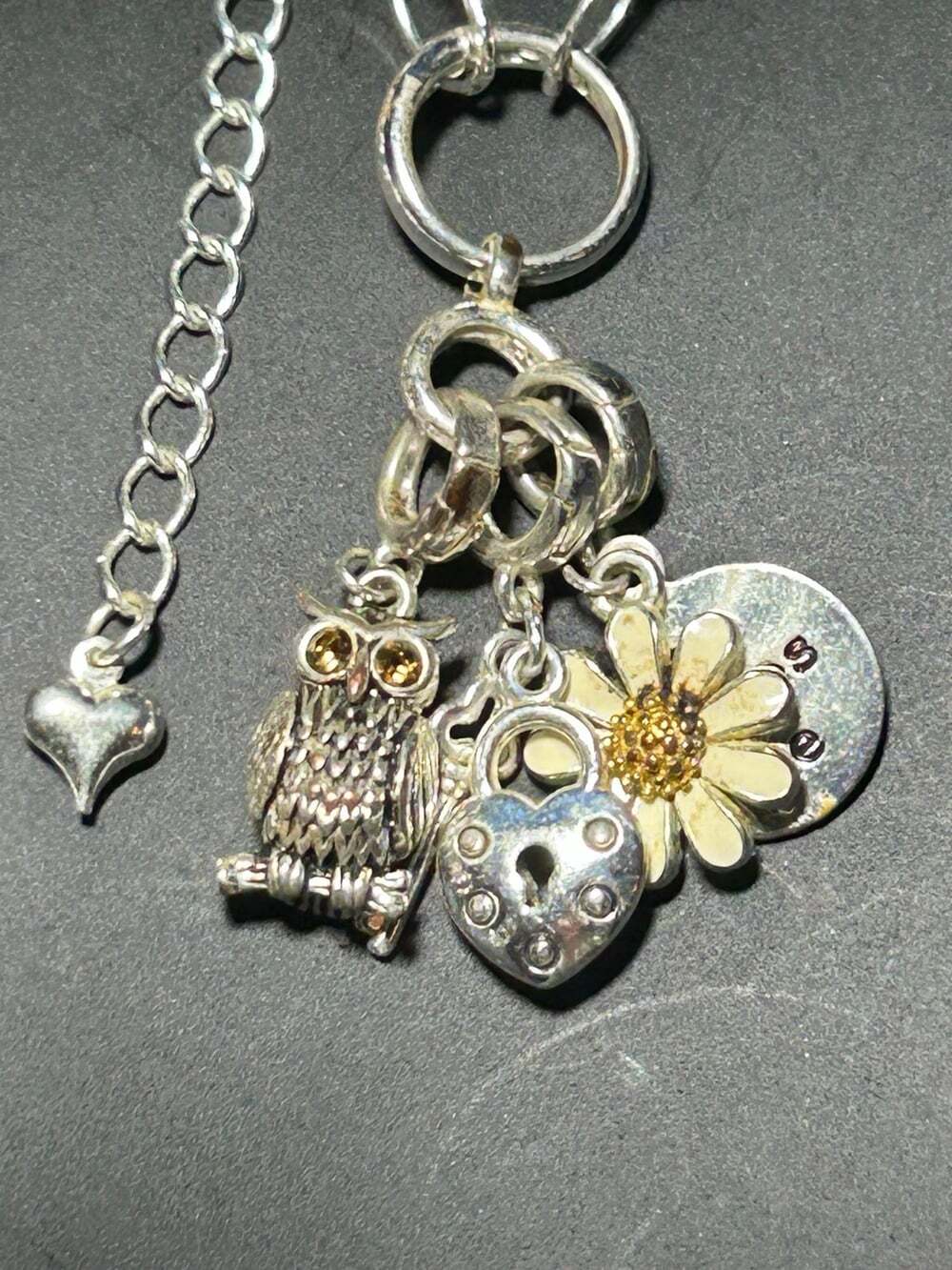 Owl Charm Necklace, He Loves Me, Daisy, Heart and Key charms with clasps